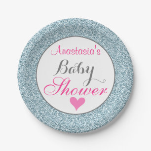 Prato De Papel Girly Glam Rosa Céu Azul Claro Brilho Baby Shower