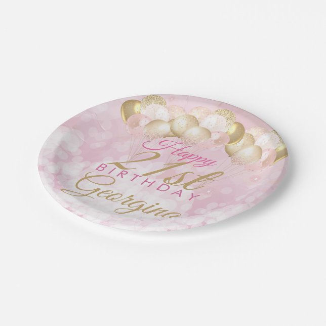 Prato De Papel Girly Pink Balloons aniversário de 21 anos (Inclinado)