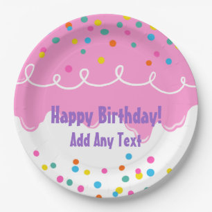 Prato De Papel Glacé de Bolo de Aniversário Rosa