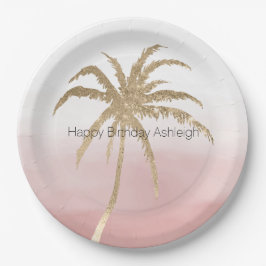 Prato De Papel Glam Dourado Tropical Palm Pink ombre