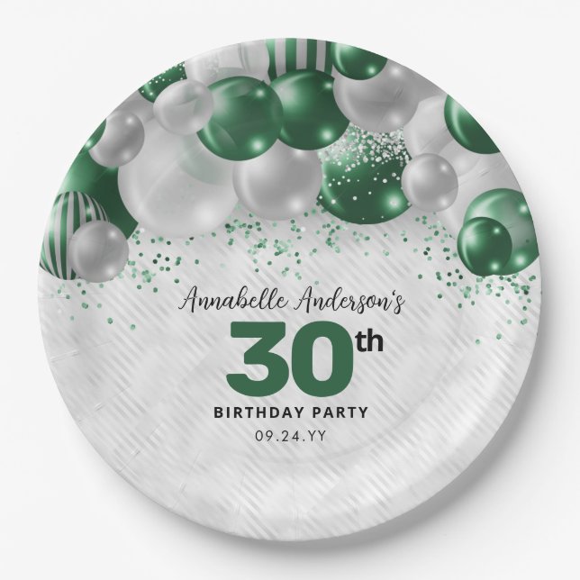 Prato De Papel Glam Emerald Green Silver Balloon Glitter Birthday (Frente)