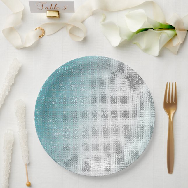 Prato De Papel Glam Glitzy Aqua Ombre Sparkle Weding (Casamento)