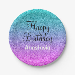 Prato De Papel Glam Happy Birthday Ombre Rosa Azul Brilho Roxo