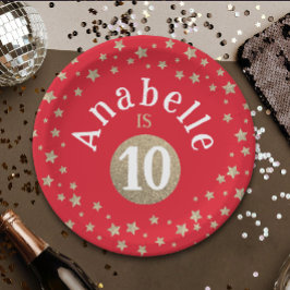 Prato De Papel Glam Legal Vermelho E Dourado Estrelas Gliters