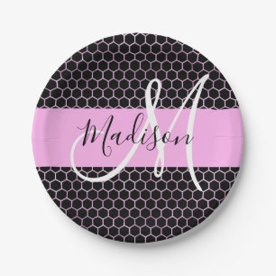 Prato De Papel Glam Metalizado Preto Mel Rosa favo de mel Monogra