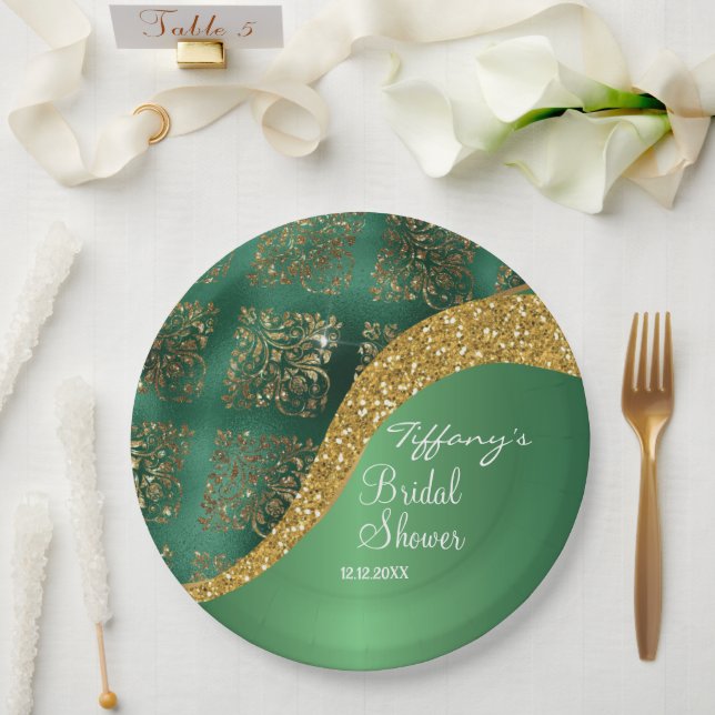 Prato De Papel Glam Ouro Brilho Verde Metálico Noivado (Casamento)
