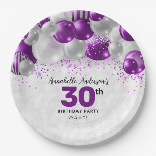 Prato De Papel Glam Purple Violet Silver Balloon Glitter Aniversá