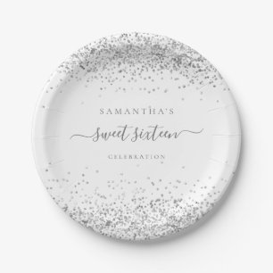 Prato De Papel Glam Silver Glitter Name Data Doce Dezesseis Parte