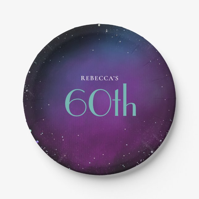 Prato De Papel Glamorous 60th Festa de aniversário Purple Name (Frente)
