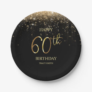 Prato De Papel Glamorous Black Dourado Glitter 60º Aniversário 