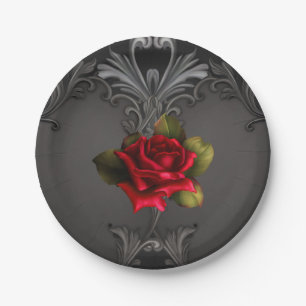 Prato De Papel Glamour Gótico Rosa Vermelha Ornamental Preto Glam
