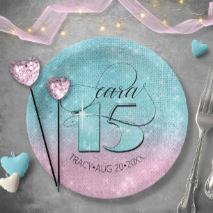 Prato De Papel Glitter and Shine Quinceanera Teal/Pink ID701