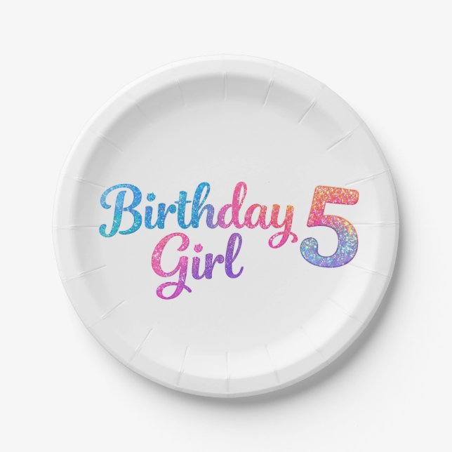 Prato De Papel Glitter Birthday Girl 5 Party Plate (Frente)