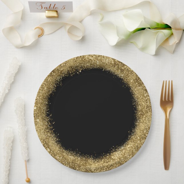 Prato De Papel Glitter Confetti | Círculo Dourado e preto (Casamento)