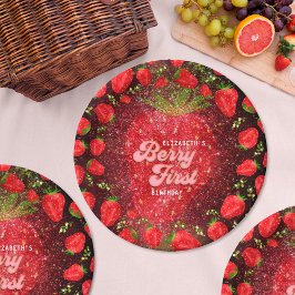 Prato De Papel Glitter do primeiro aniversario de Morango Preto D