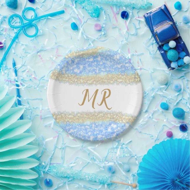 Prato De Papel glitter dourado azul glitter glitter nome monogram (Festa)