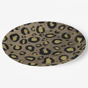 Prato De Papel Glitter Dourado castanho e Chá de fraldas-leopardo