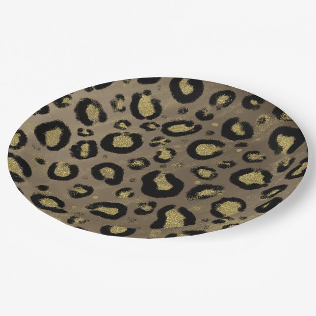 Prato De Papel Glitter Dourado castanho e Chá de fraldas-leopardo (Inclinado)