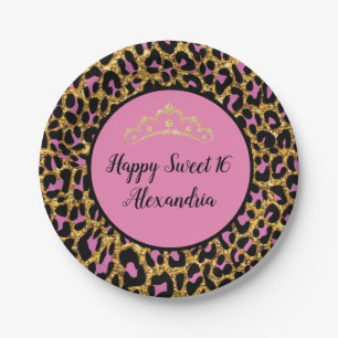 Prato De Papel Glitter Dourado Rosa Menor e Leopardo Negro