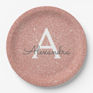 Prato De Papel Glitter e Brilho Monograma Rosa Dourado de Anivers