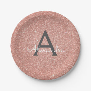 Prato De Papel Glitter e Brilho Monograma Rosa Dourado de Anivers