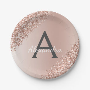 Prato De Papel Glitter e Brilho Monograma Rosa Dourado de Anivers