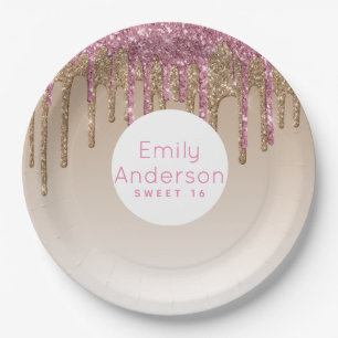Prato De Papel Glitter Glitter Sweet16 Rosa Dourado Pink 16th Par