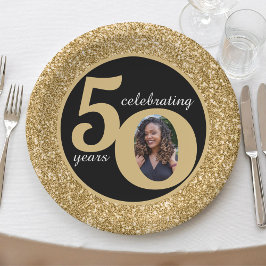 Prato De Papel Glitter Preto e Dourado 50 Anos 50 Anos 50. Aniver