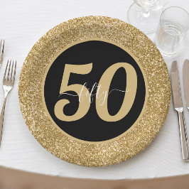 Prato De Papel Glitter Preto e Dourado 50 Anos 50 Anos 50. Aniver