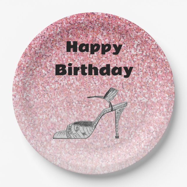 Prato De Papel Glitter Shoe Illustration Fashion Pink Birthday (Frente)