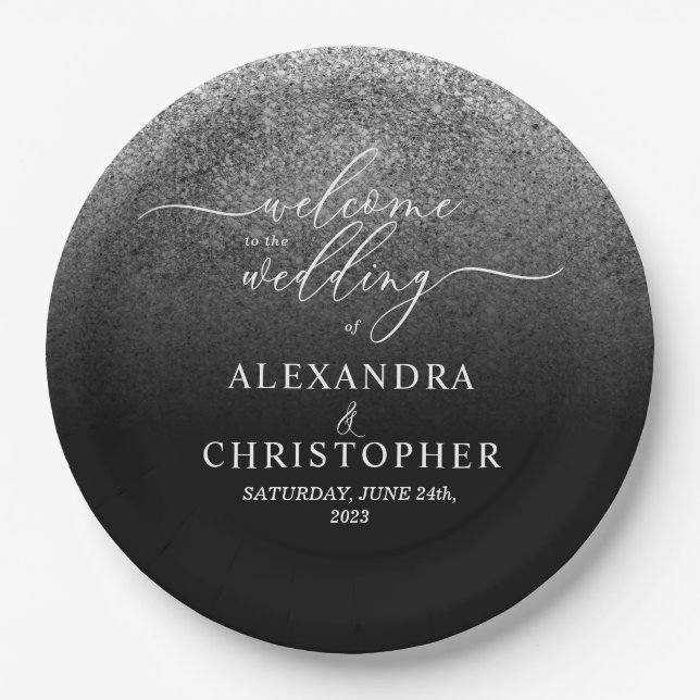 Prato De Papel Glitter Silver Sparkle Bem-vindo ao casamento (Frente)