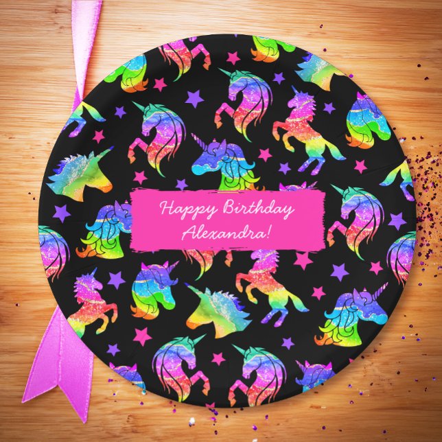 Prato De Papel Glitter Unicorn Arco-Íris com Nome Aniversário (Criador carregado)