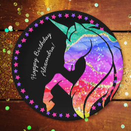 Prato De Papel Glitter Unicorn Rainbow com Nome Birthday v2