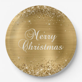 Prato De Papel Glittery Dourado Merry Christmas
