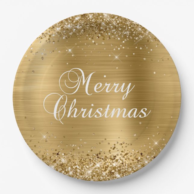 Prato De Papel Glittery Dourado Merry Christmas (Frente)