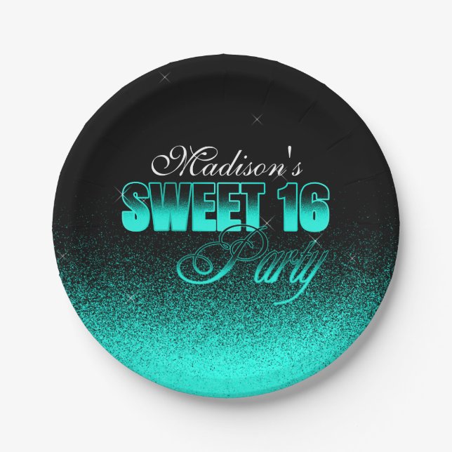 Prato De Papel Glitz e Preto-glamouroso e Aqua Sweet 16 (Frente)