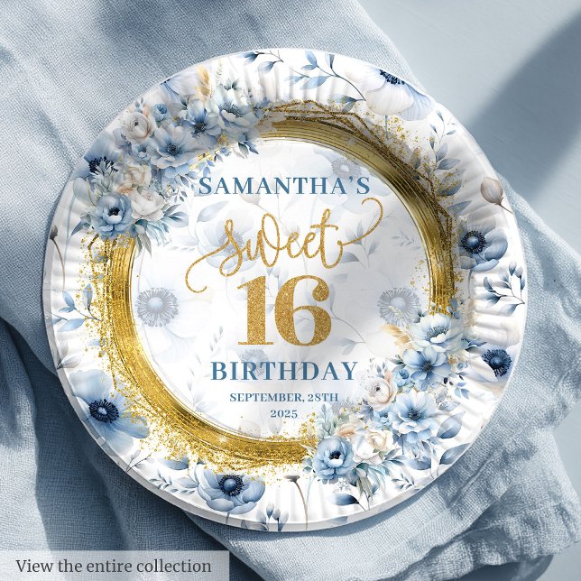 Prato De Papel Glitzy Doce Dezesseis Placas Douradas Azuis (Glitzy Sweet Sixteen Dusty Blue Gold Party Plates

)