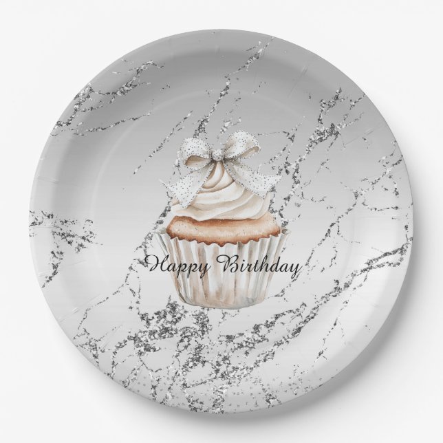 Prato De Papel Glitzy Silver White Cupcake Bow Birthday (Frente)