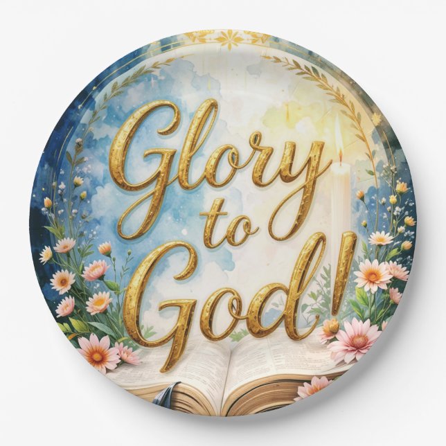 Prato De Papel Glória a Deus - Dedicação com texto dourado e Bíbl (Frente)