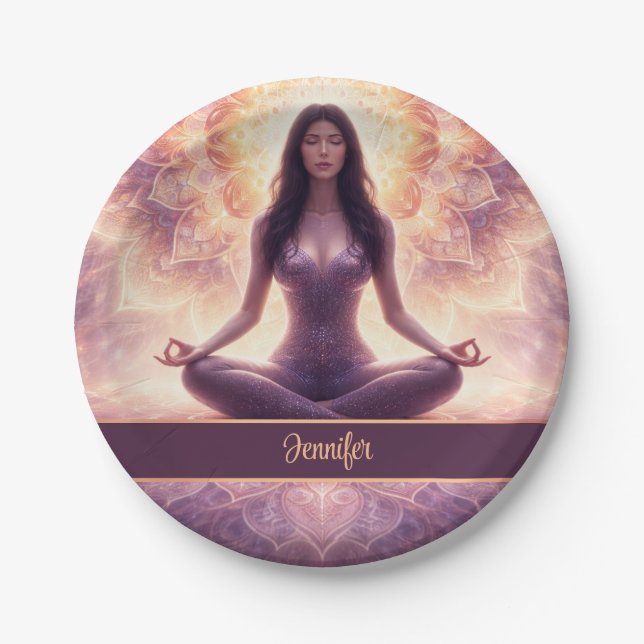 Prato De Papel Glowing Mandala Meditation Woman Custom Name       (Frente)