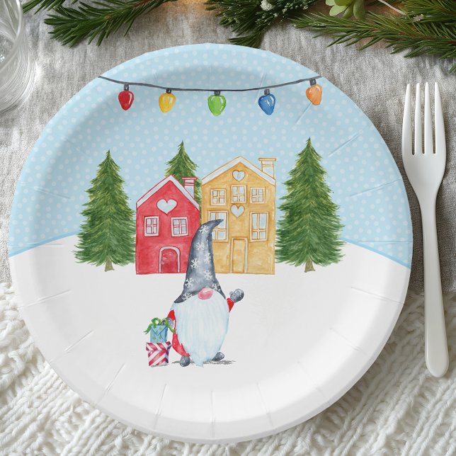 Prato De Papel Gnomo de Natal Caprichoso Nórdico (Nordic Winter Gnome Paper Plate)
