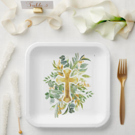 Prato De Papel Gold Cross Floral Watercolor Baptism 1.a Comunidad