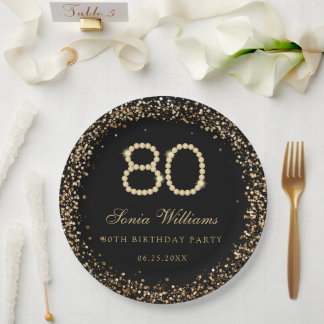 Prato De Papel Gold Diamonds 80th Birthday Party Paper Plate