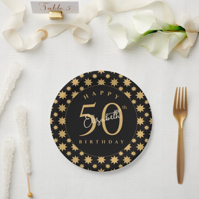 Prato De Papel Gold Stars 50th Birthday Custom Name  (Casamento)