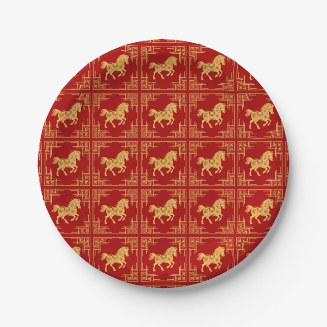 Prato De Papel Golden Horse Greek Ornament Frame Red (Frente)