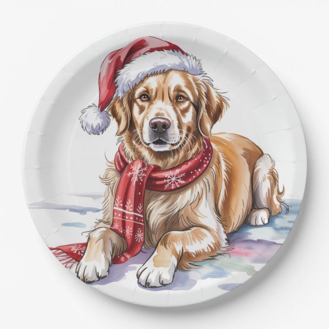 Prato De Papel Golden Retriever Christmas Paper Plate (Frente)