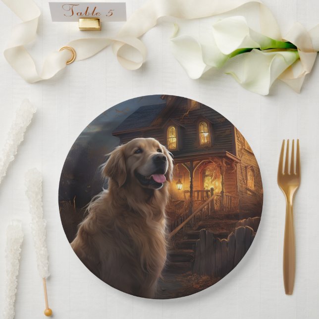 Prato De Papel Golden Retriever Dia das Bruxas Assustador (Casamento)