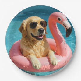 Prato De Papel Golden Retriever Flutuando em um Brinquedo de Pisc