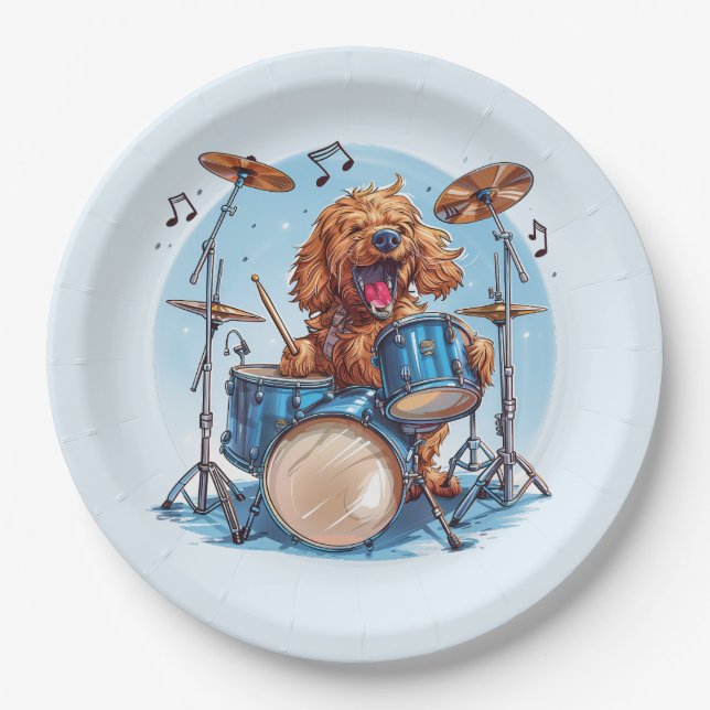 Prato De Papel Goldendoodle Dog Playing Drums (Frente)