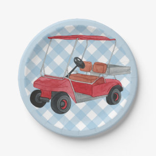 Prato De Papel Golf Cart Xadrez Blue Gingham Country Club